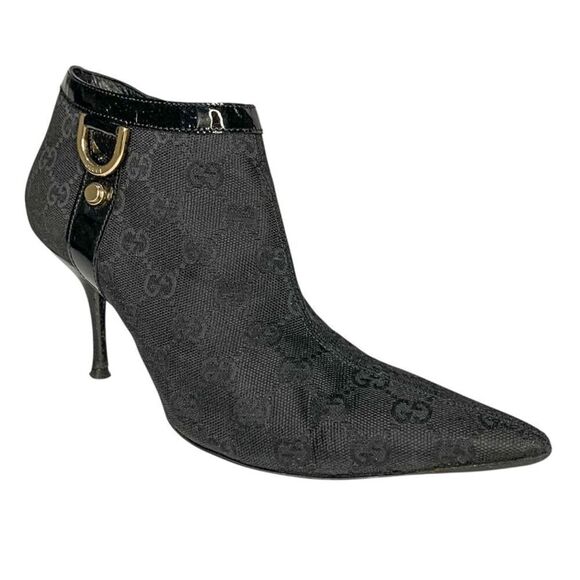 Gucci Monogram Double G D-Ring Canvas Ankle Booties US 7 Black Supreme Heels - Picture 1 of 14